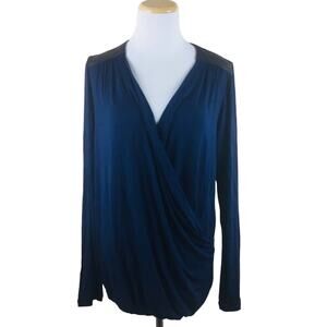 CABI Navy Faux Leather Shoulder Cowl Draped Blouse Top MEDIUM Office Long Sleeve